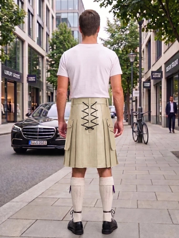 A man viewed from behind wearing a light beige kilt with black lace-up detailing at the back, a white t-shirt, cream knee-high socks, and black shoes, standing on a city sidewalk.