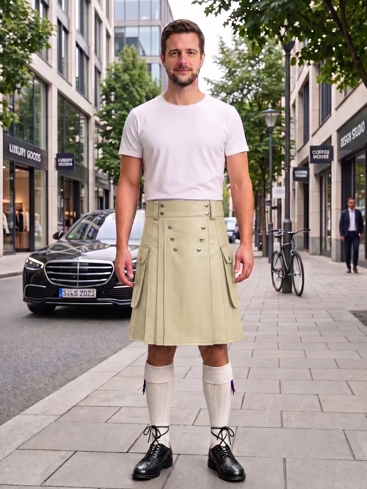 A man stands on a city sidewalk wearing a light beige pleated kilt with front button details, a white t-shirt, white knee-high socks, and black shoes. Buildings, trees, and a parked black car are visible in the background.