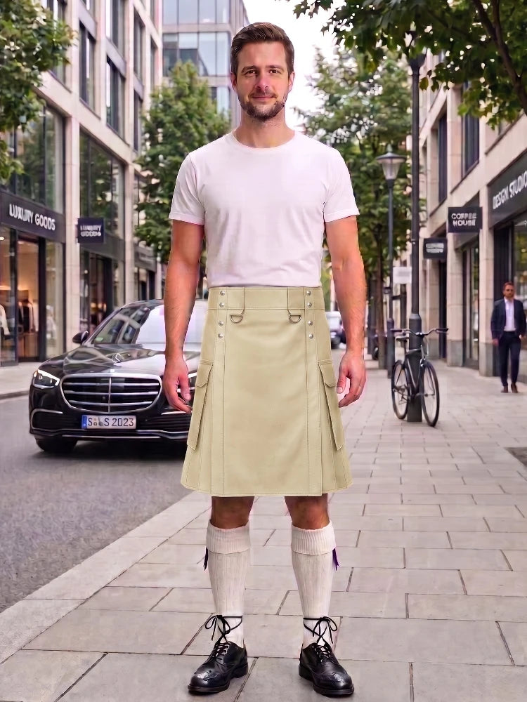 Biege Cream Leather Kilt For Men Tactical Utility Kilts