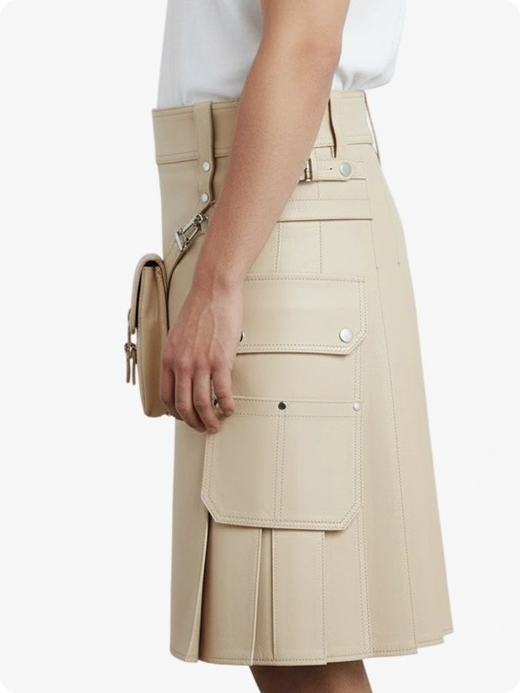 Beige cargo skirt worn by a person on a white background