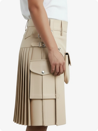 Beige pleated skirt with a belt and flap pockets on a white background
