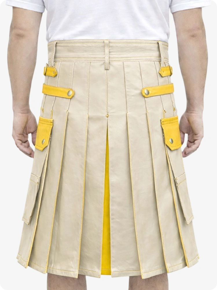 Beige kilt with yellow accents worn by a person on a white background