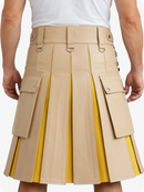 Beige kilt with yellow accents worn by a person on a white background