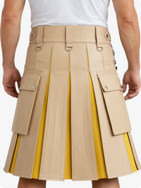 Beige kilt with yellow accents worn by a person on a white background