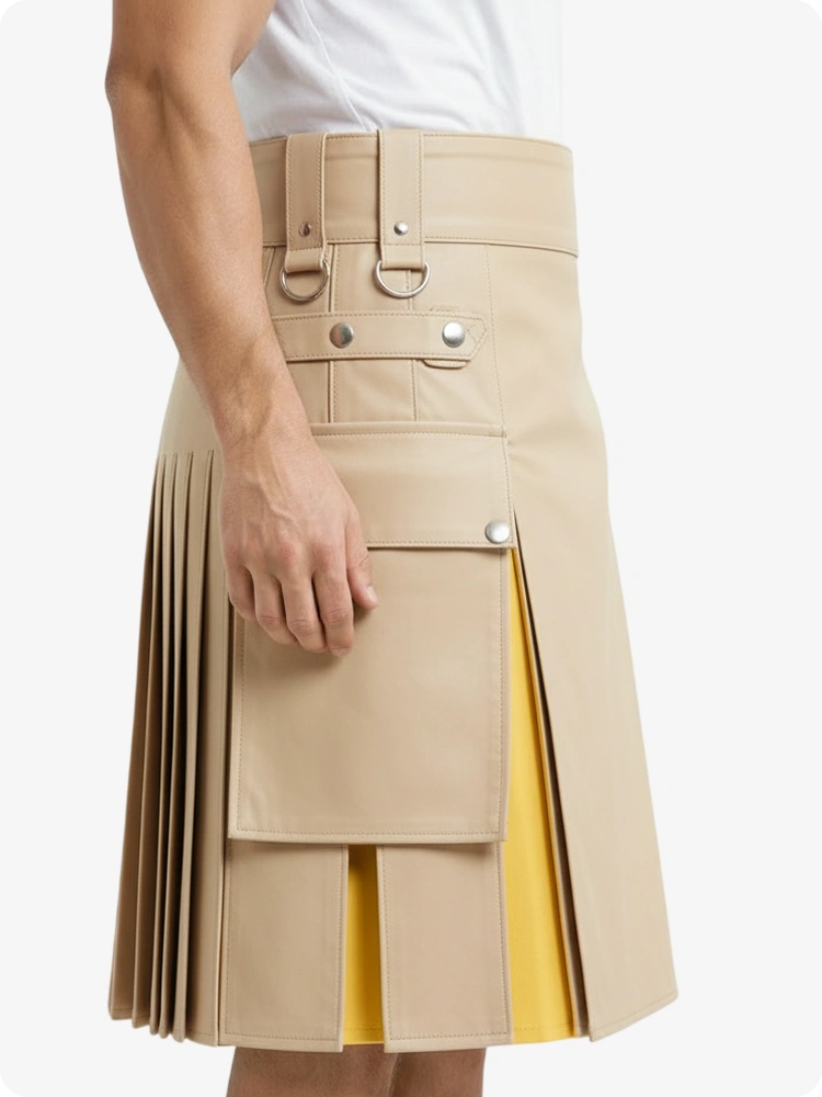 Beige kilt with yellow accent on a white background