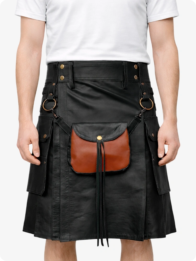 Black Leather Utility Kilt with Front Sporran