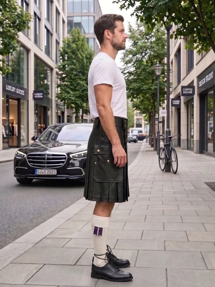 A man standing on a city sidewalk wearing a white t-shirt and a dark green pleated kilt, paired with white socks and black leather shoes. A black Mercedes-Benz car and a bicycle are parked in the background of the street scene.
