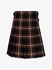 Plaid kilt with black, red, and white pattern on a white background