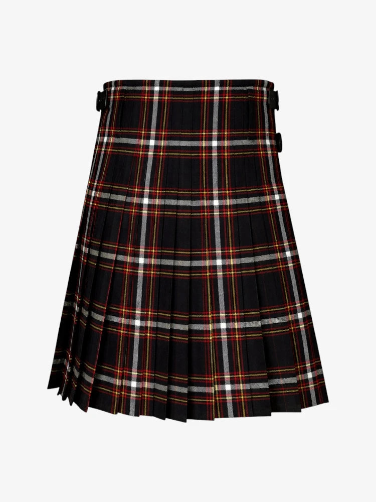 Plaid kilt with black, red, and white pattern on a white background