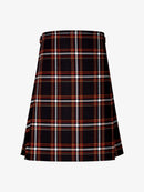 Plaid kilt with black, red, and white pattern on a white background