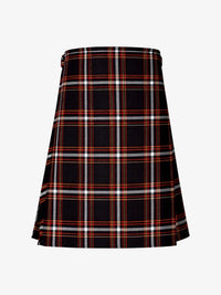 Plaid kilt with black, red, and white pattern on a white background