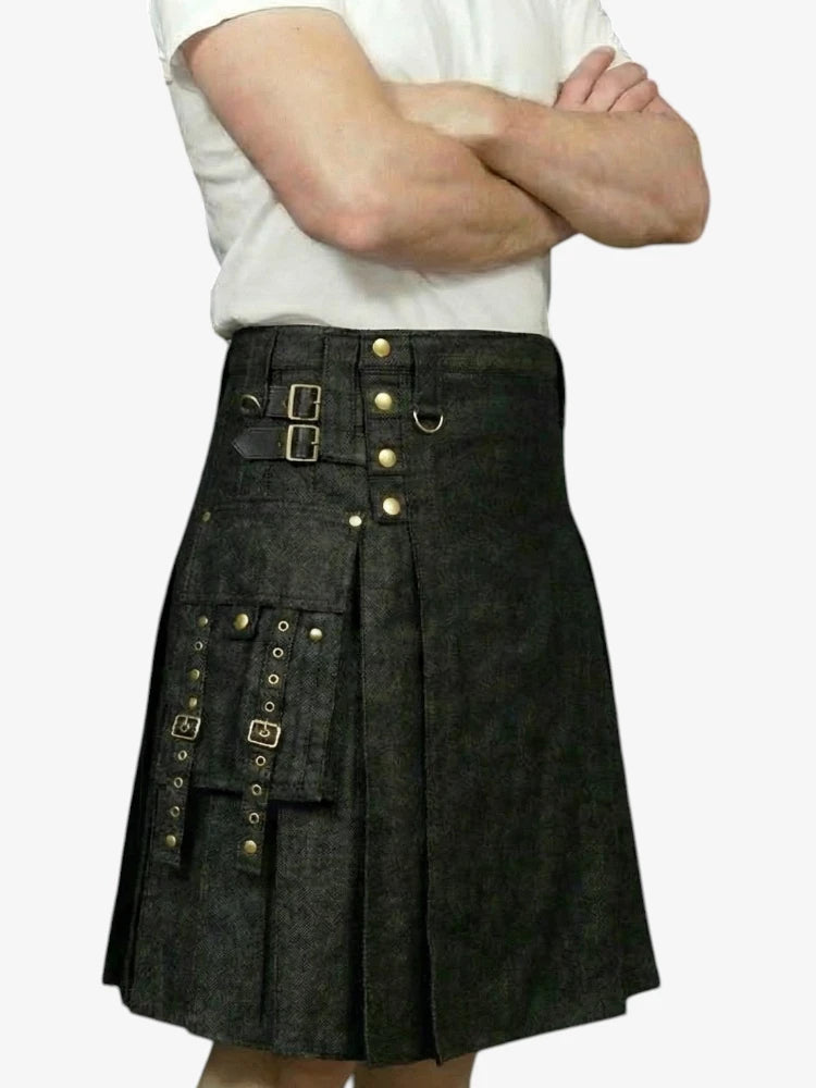 Black Denim Kilt with Gold Chain