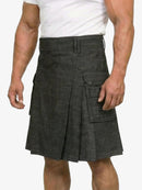 Person wearing a gray kilt on a white background