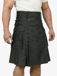 Person wearing a black kilt on a white background