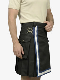 Black kilt with white and blue trim worn by a person on a plain background