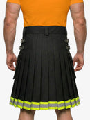 Person wearing a black pleated kilt with reflective yellow trim on a white background