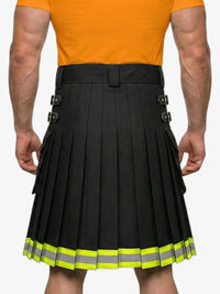 Person wearing a black pleated kilt with reflective yellow trim on a white background
