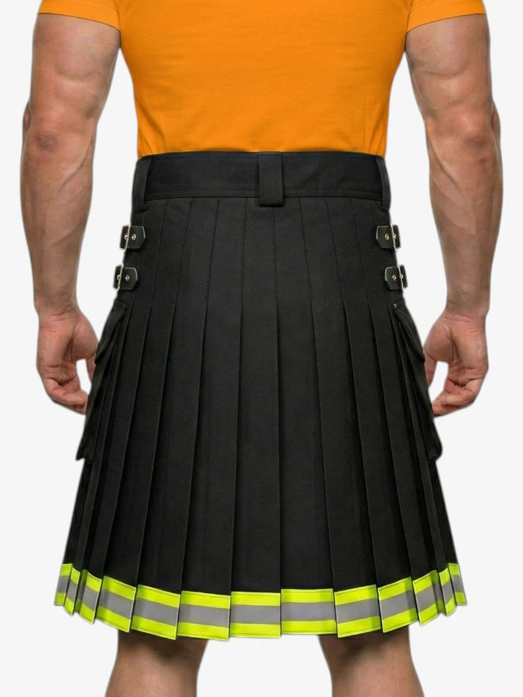Person wearing a black pleated kilt with reflective yellow trim on a white background