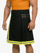 Black kilt with reflective yellow stripes worn by a person on a white background