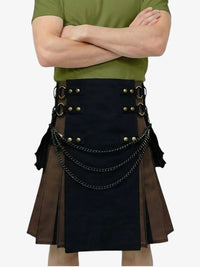 Person wearing a black and brown kilt with chain details on a white background