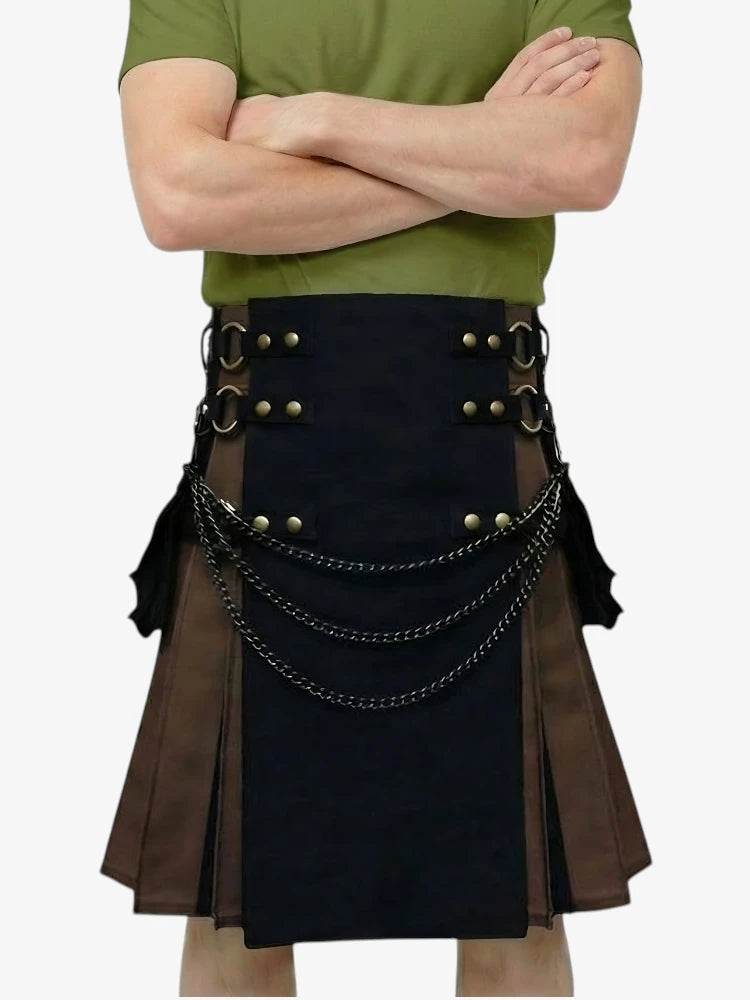 Person wearing a black and brown kilt with chain details on a white background