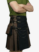 Person wearing a black and brown kilt with decorative chains on a white background