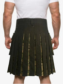 Person wearing a black pleated kilt on a white background