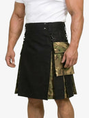 Black and camouflage kilt worn by a person on a white background