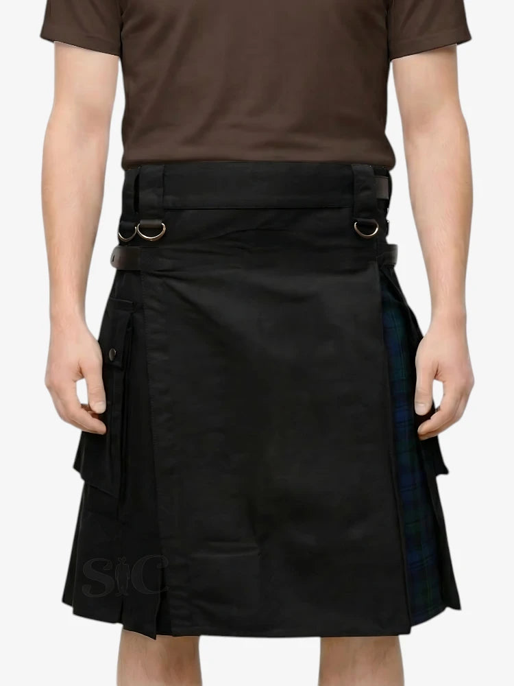 Person wearing a black kilt with plaid accents on a white background