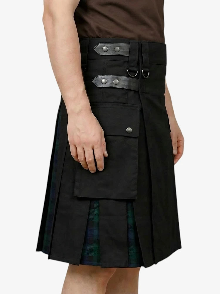 Black kilt with leather belt and plaid lining worn by a person on a white background
