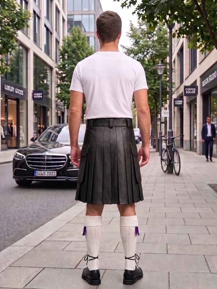 Black Leather Kilt For Men Tactical Utility Kilts