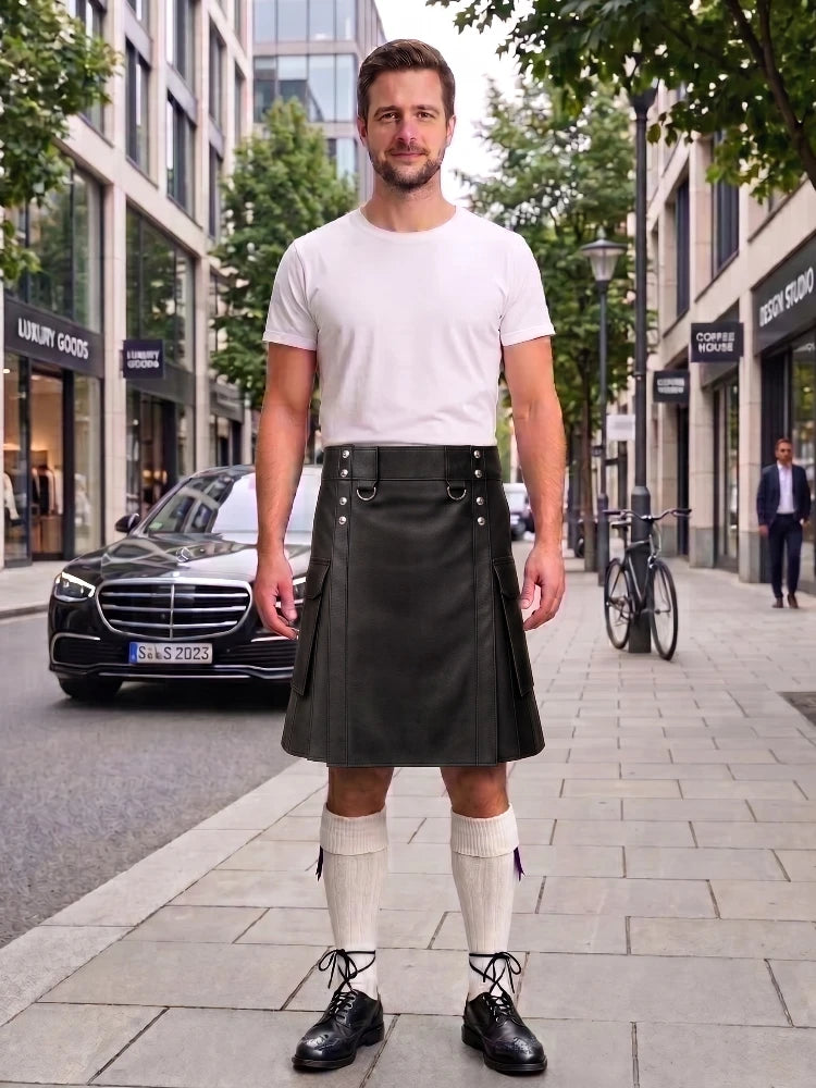Black Leather Kilt For Men Tactical Utility Kilts