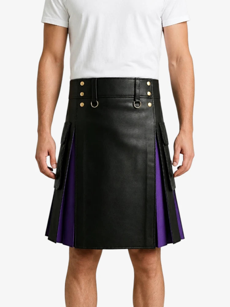 Black Leather Kilt With Purple Pleats