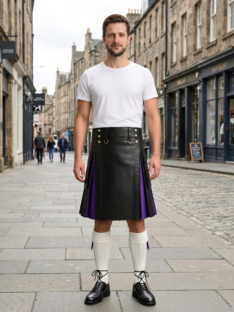 Black Leather Kilt With Purple Pleats