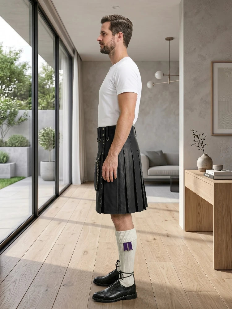 Black Leather Utility Kilt Left Side