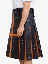 Black leather kilt with brown accents and silver studs on a white background