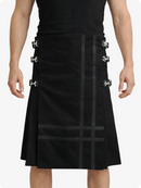 Black kilt with silver buttons worn by a person on a white background