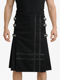 Black kilt with silver buttons worn by a person on a white background