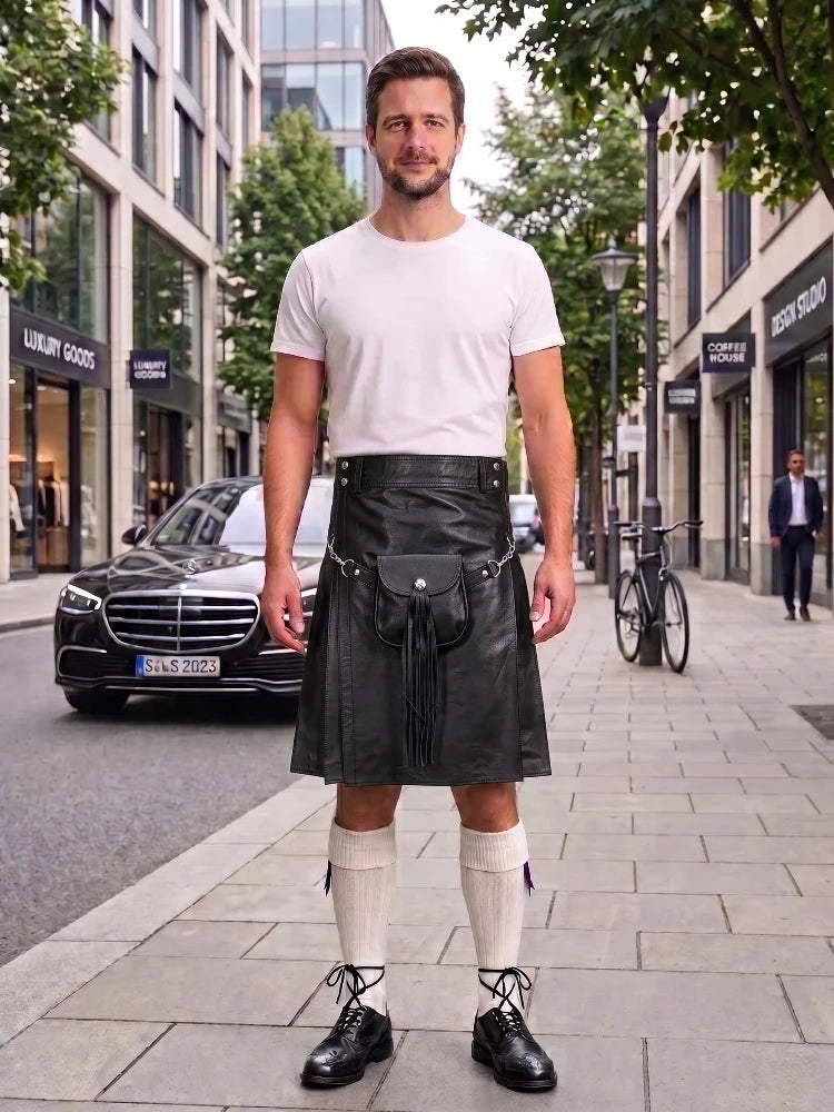 Black Leather Utility Kilt with Sporran