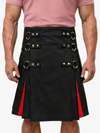 Black kilt with red accents and silver buckles worn by a person on a white background