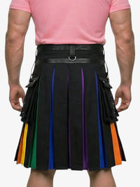 Person wearing a black kilt with colorful stripes and a pink shirt on a white background