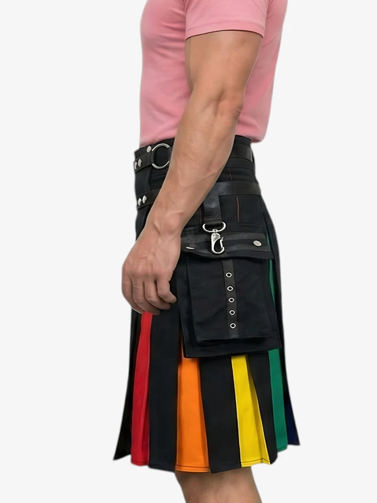 Black kilt with colorful accents worn by a person on a white background