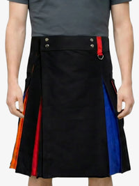 Person wearing a black kilt with colorful side panels on a white background