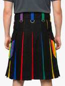 Black kilt with colorful stripes and suspenders on a white background