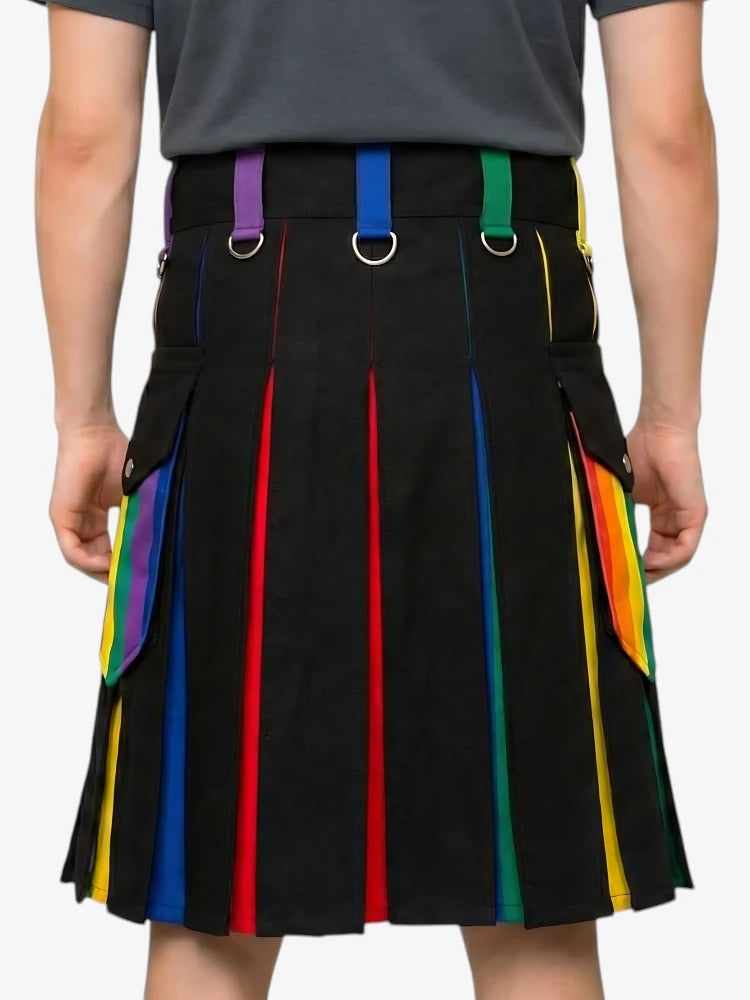 Black kilt with colorful stripes and suspenders on a white background