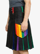 Black kilt with rainbow pocket on a plain background