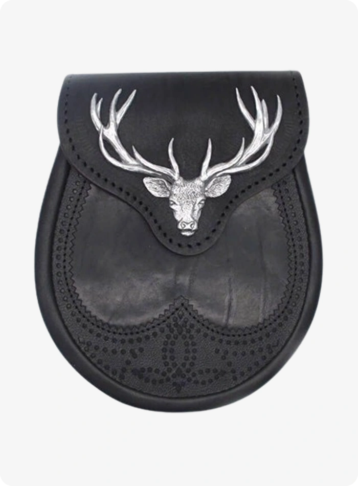 Custom Made Black Stag Head Design Leather Sporran