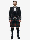 Man wearing a traditional Scottish black stewart tartan kilt with a black prince charlie jacket on a white background