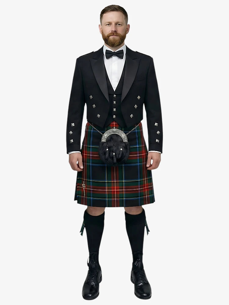 Man wearing a traditional Scottish black stewart tartan kilt with a black prince charlie jacket on a white background