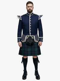 Man wearing a traditional Scottish Black Watch Tartan kilt with a navy jacket on a white background